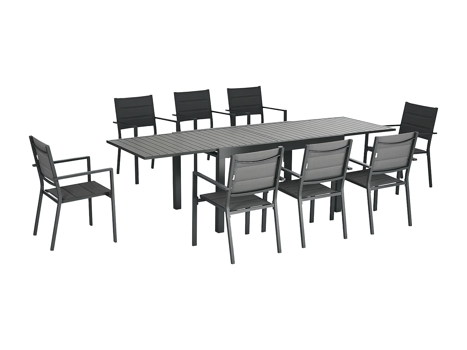Ensemble de jardin 8 personnes chaises empilables table extensible 135/270L cm alu. textilène gris