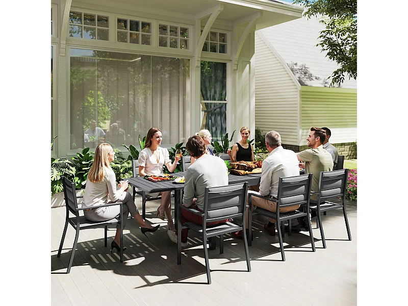 Ensemble de jardin 8 personnes chaises empilables table extensible 135/270L cm alu. textilène gris