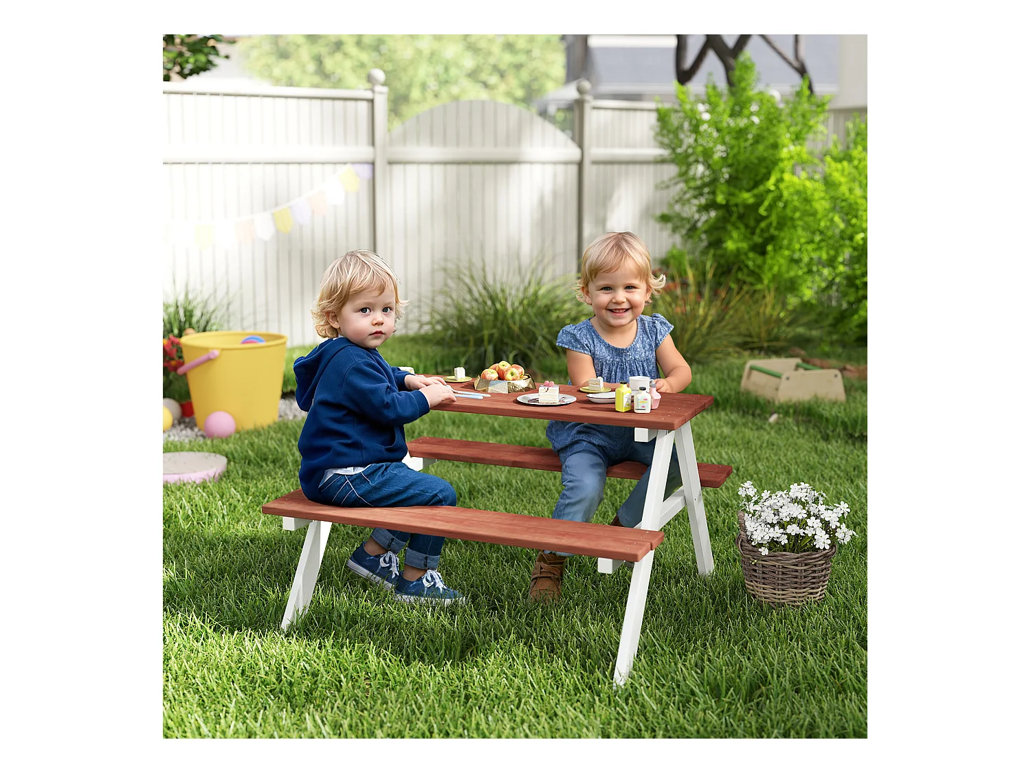 Table de pique-nique enfant - 2 bancs - assises, plateau à lattes - bois sapin blanc brique