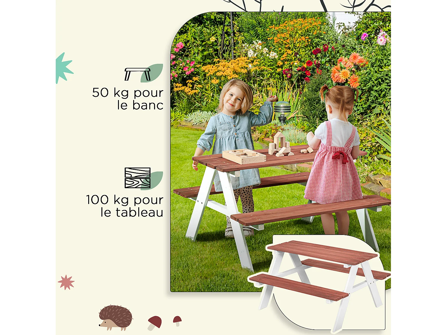 Table de pique-nique enfant - 2 bancs - assises, plateau à lattes - bois sapin blanc brique