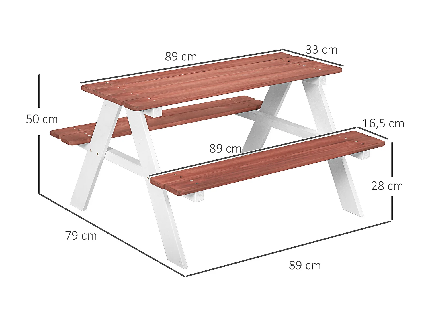 Table de pique-nique enfant - 2 bancs - assises, plateau à lattes - bois sapin blanc brique