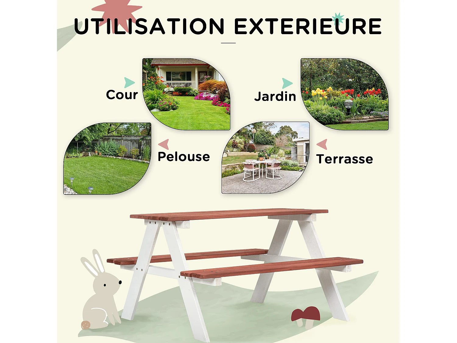 Table de pique-nique enfant - 2 bancs - assises, plateau à lattes - bois sapin blanc brique