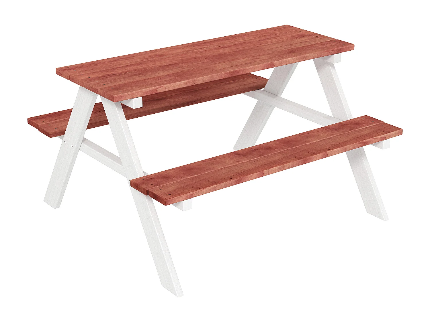 Table de pique-nique enfant - 2 bancs - assises, plateau à lattes - bois sapin blanc brique