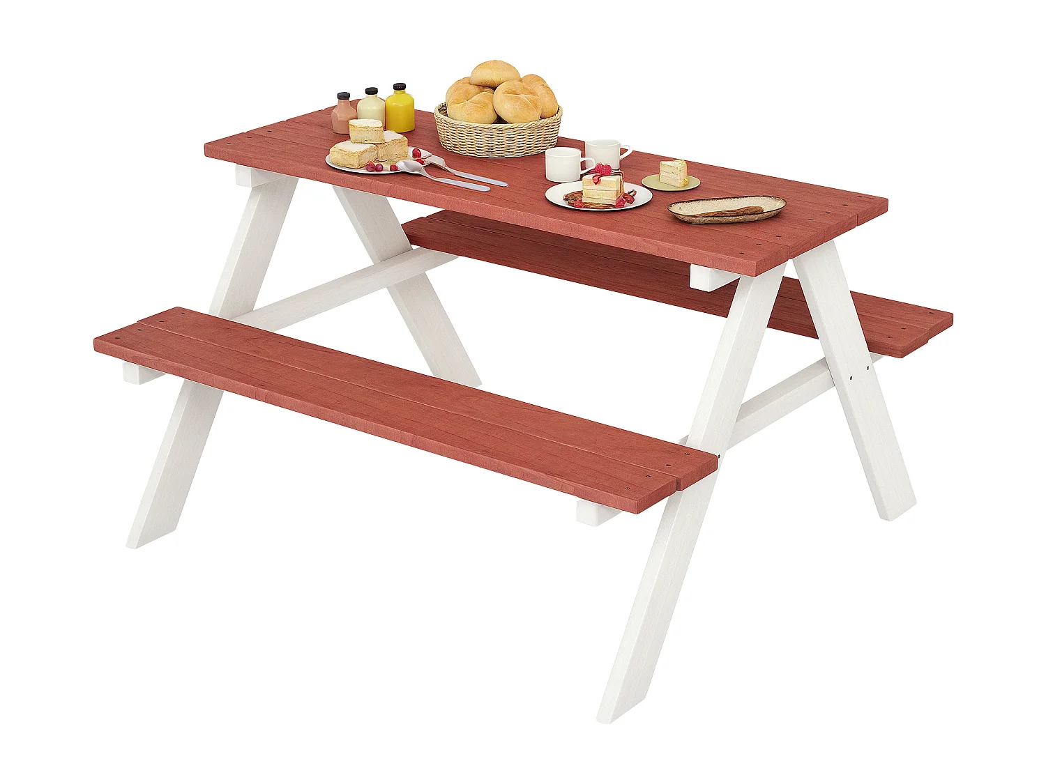 Table de pique-nique enfant - 2 bancs - assises, plateau à lattes - bois sapin blanc brique