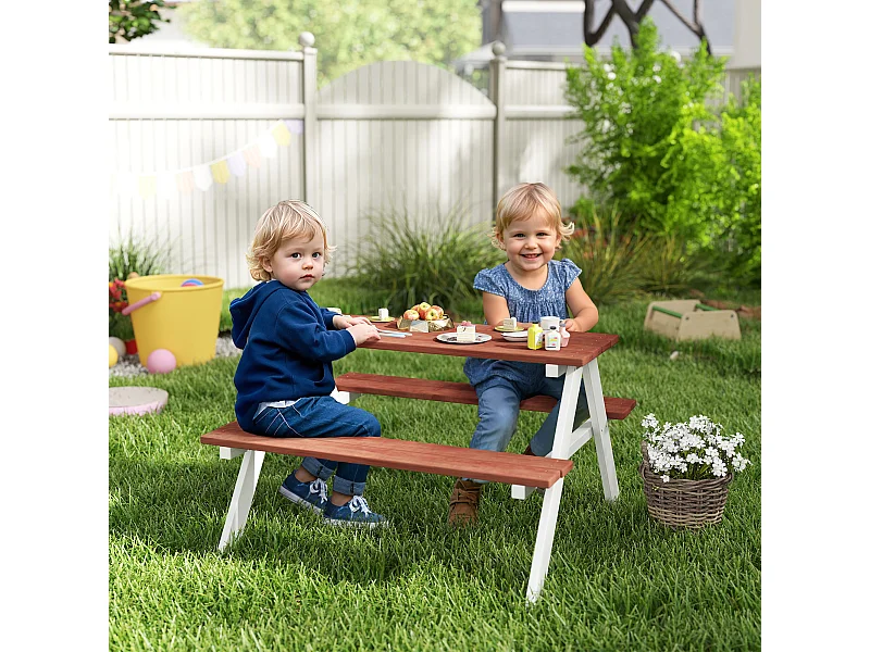 Table de pique-nique enfant - 2 bancs - assises, plateau à lattes - bois sapin blanc brique