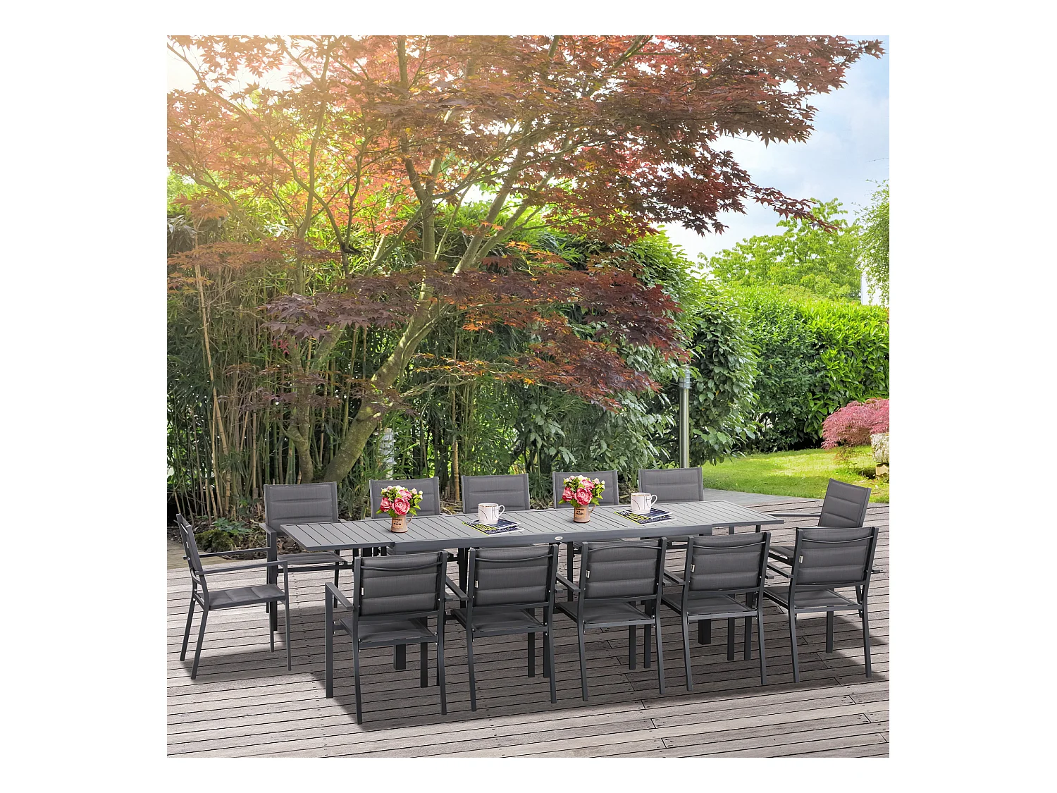 Ensemble de jardin 12 personnes chaises empilables table extensible 200/300L cm alu. textilène gris