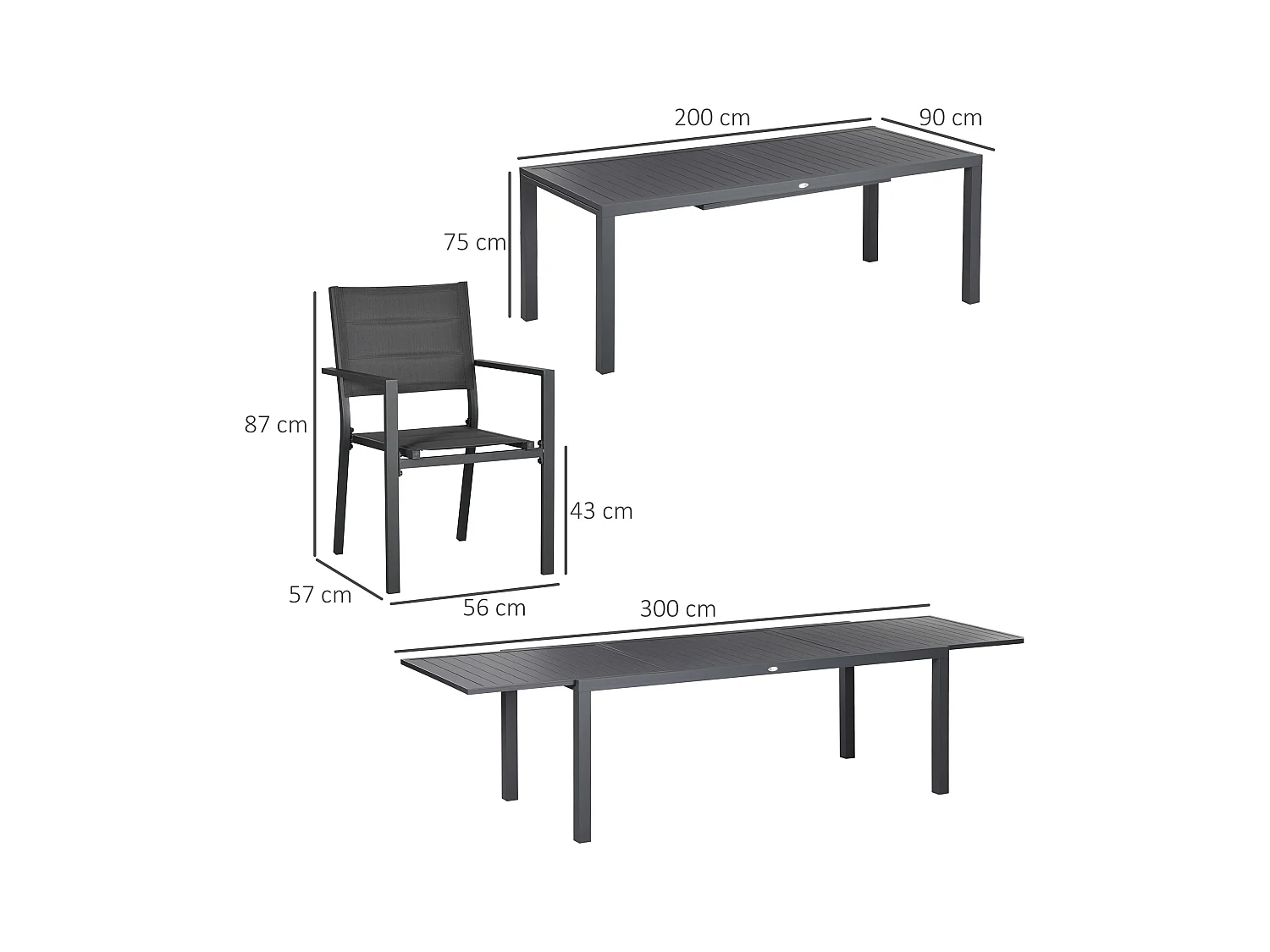 Ensemble de jardin 12 personnes chaises empilables table extensible 200/300L cm alu. textilène gris