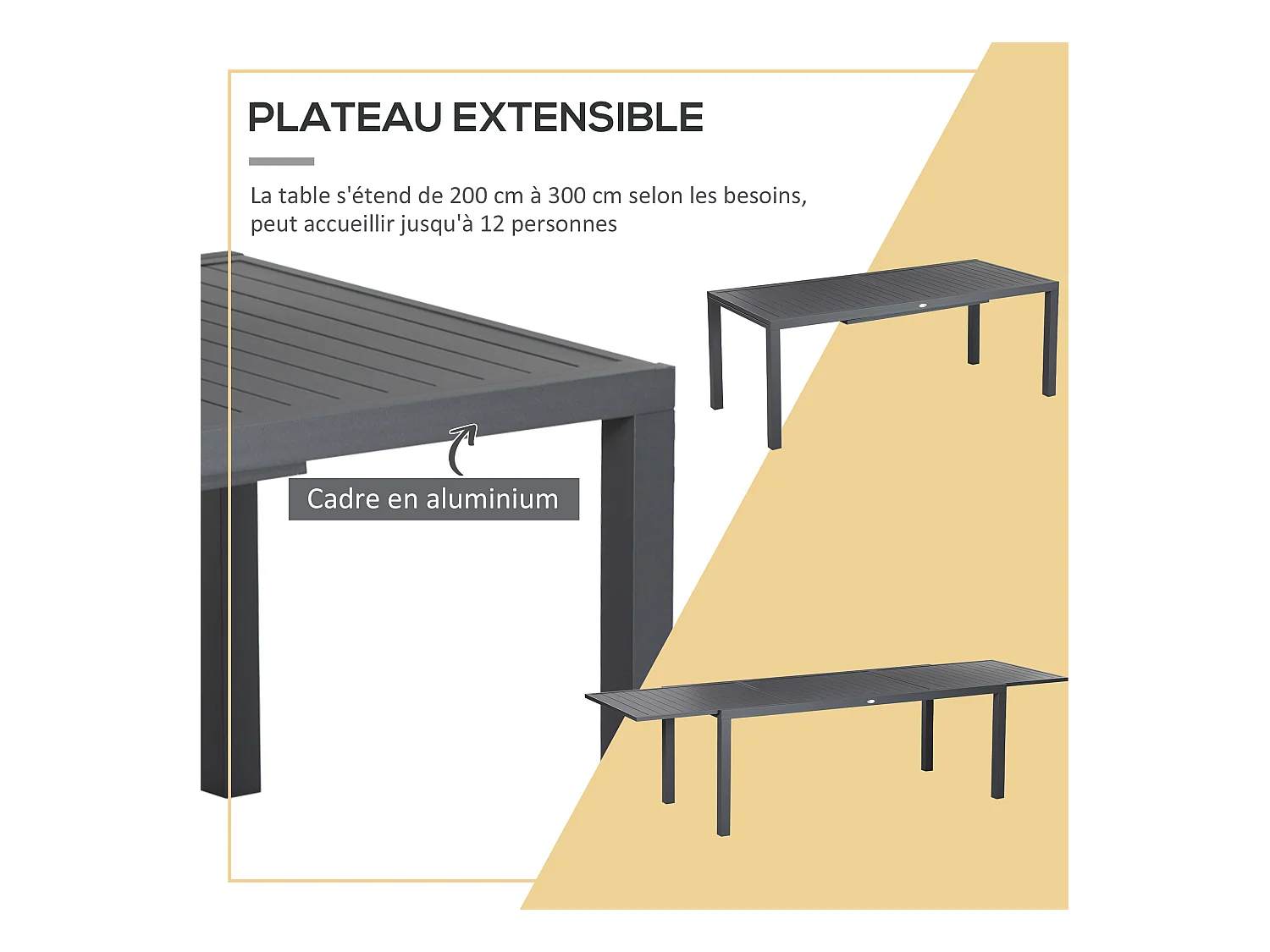 Ensemble de jardin 12 personnes chaises empilables table extensible 200/300L cm alu. textilène gris