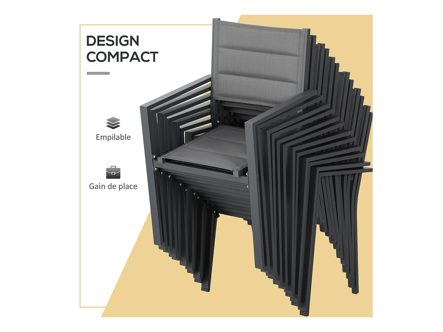 Ensemble de jardin 12 personnes chaises empilables table extensible 200/300L cm alu. textilène gris