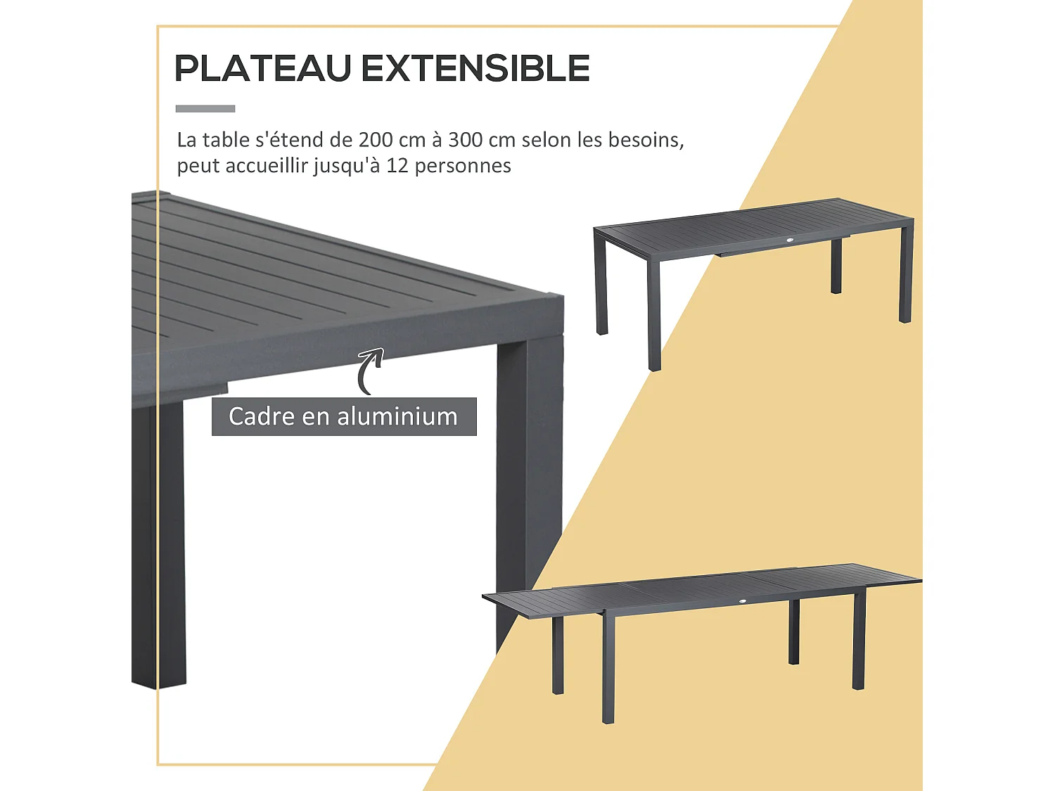 Ensemble de jardin 12 personnes chaises empilables table extensible 200/300L cm alu. textilène gris