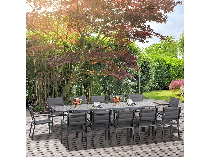 Ensemble de jardin 12 personnes chaises empilables table extensible 200/300L cm alu. textilène gris
