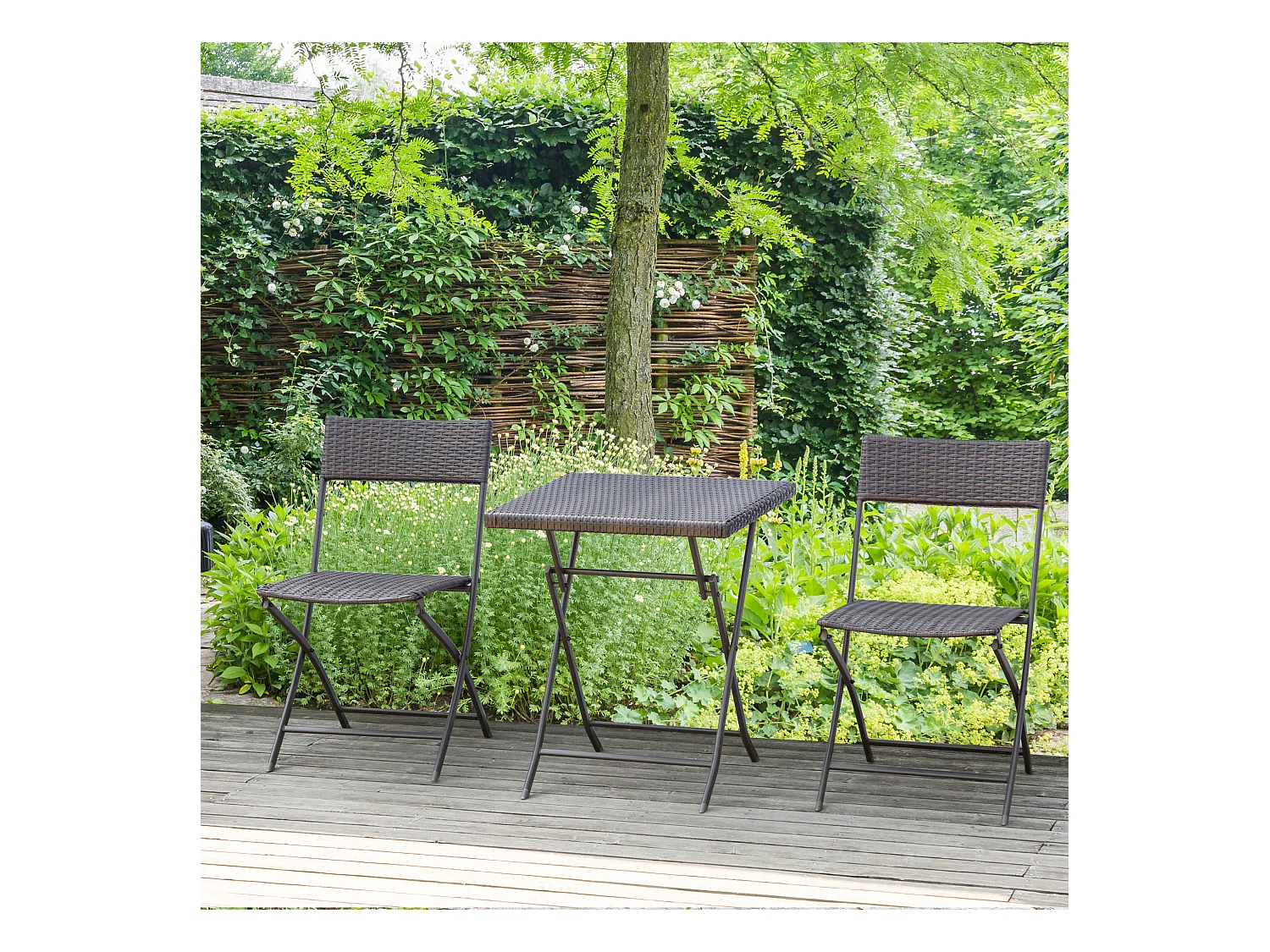 Ensemble meubles de jardin design table carré et chaises pliables résine tressée 4 fils métal noir