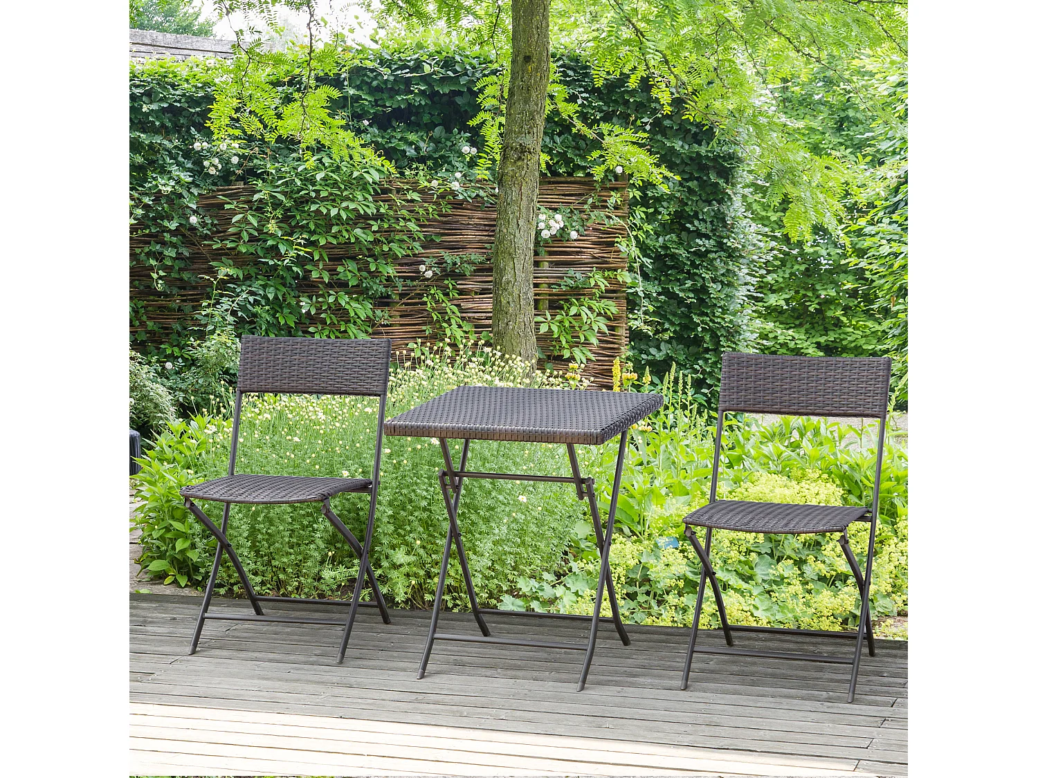 Ensemble meubles de jardin design table carré et chaises pliables résine tressée 4 fils métal noir