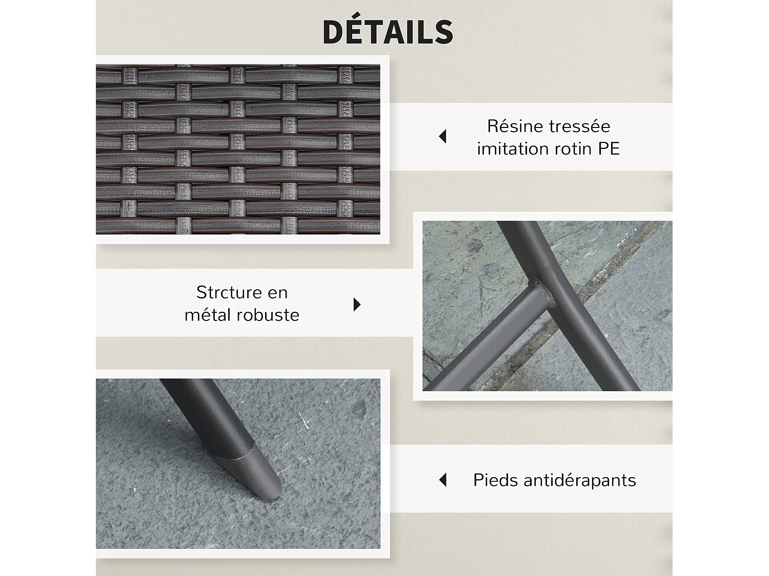 Ensemble meubles de jardin design table carré et chaises pliables résine tressée 4 fils métal noir