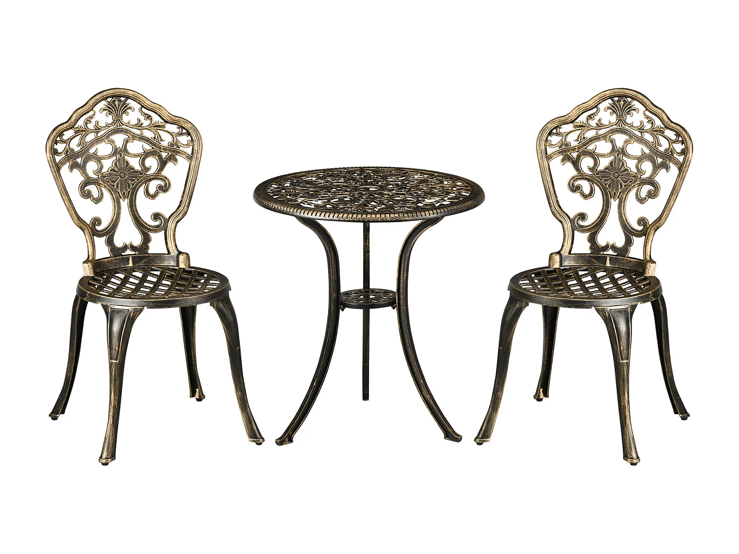 Ensemble bistrot de jardin 2 personnes 3 pièces aluminium aspect fer forgé bronze vieilli