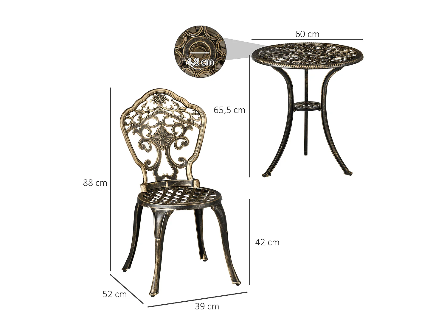 Ensemble bistrot de jardin 2 personnes 3 pièces aluminium aspect fer forgé bronze vieilli