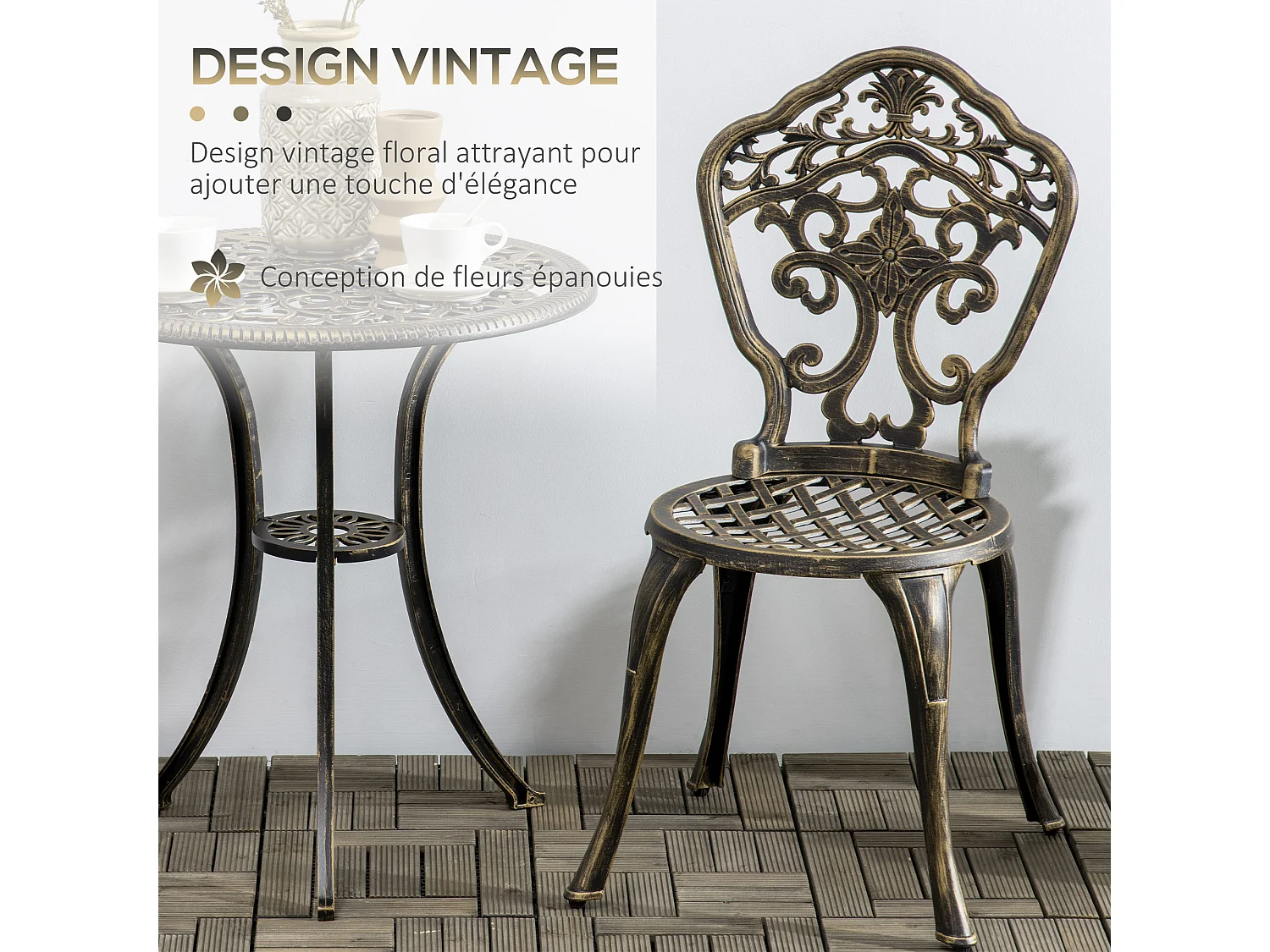 Ensemble bistrot de jardin 2 personnes 3 pièces aluminium aspect fer forgé bronze vieilli