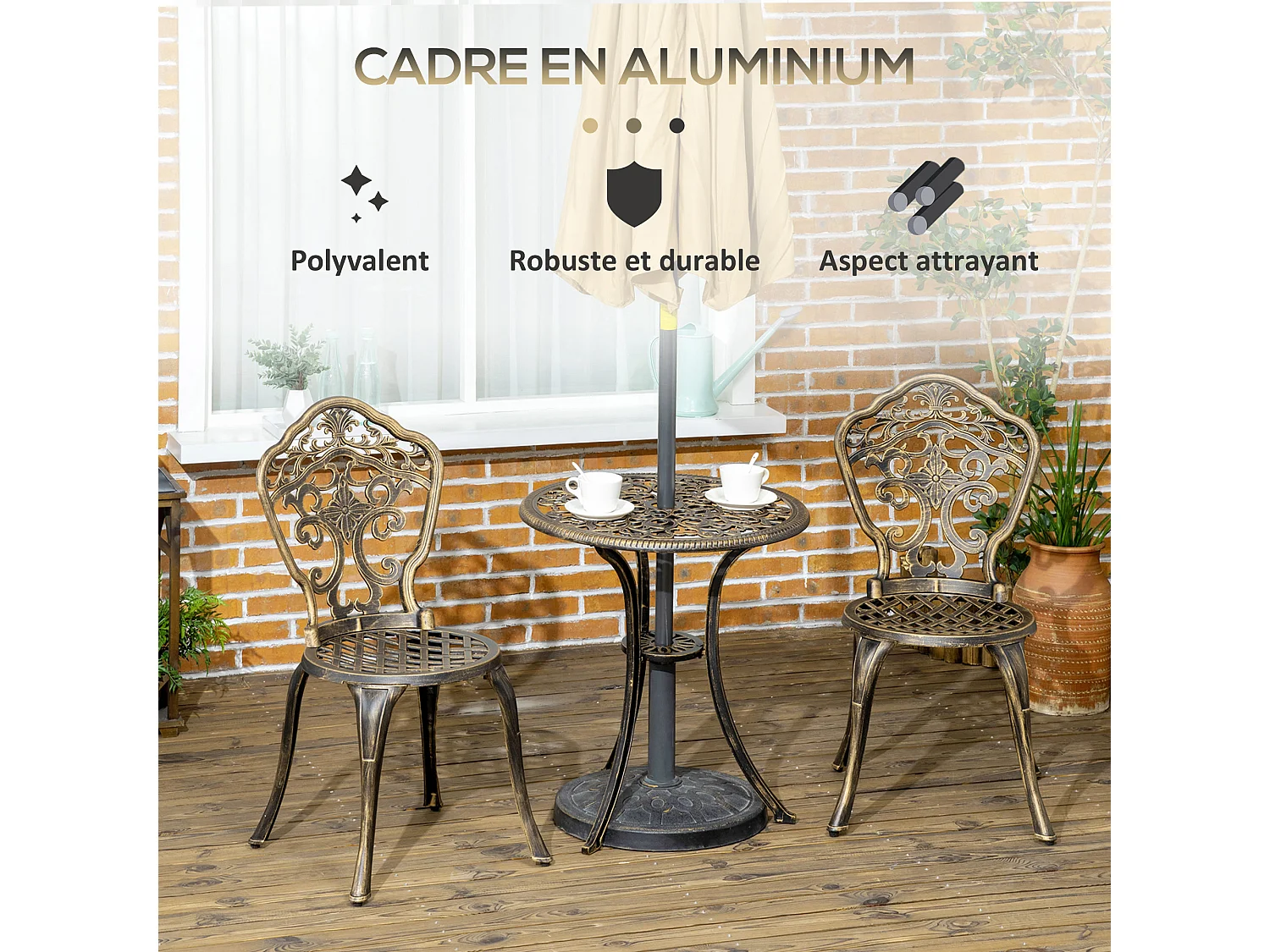 Ensemble bistrot de jardin 2 personnes 3 pièces aluminium aspect fer forgé bronze vieilli