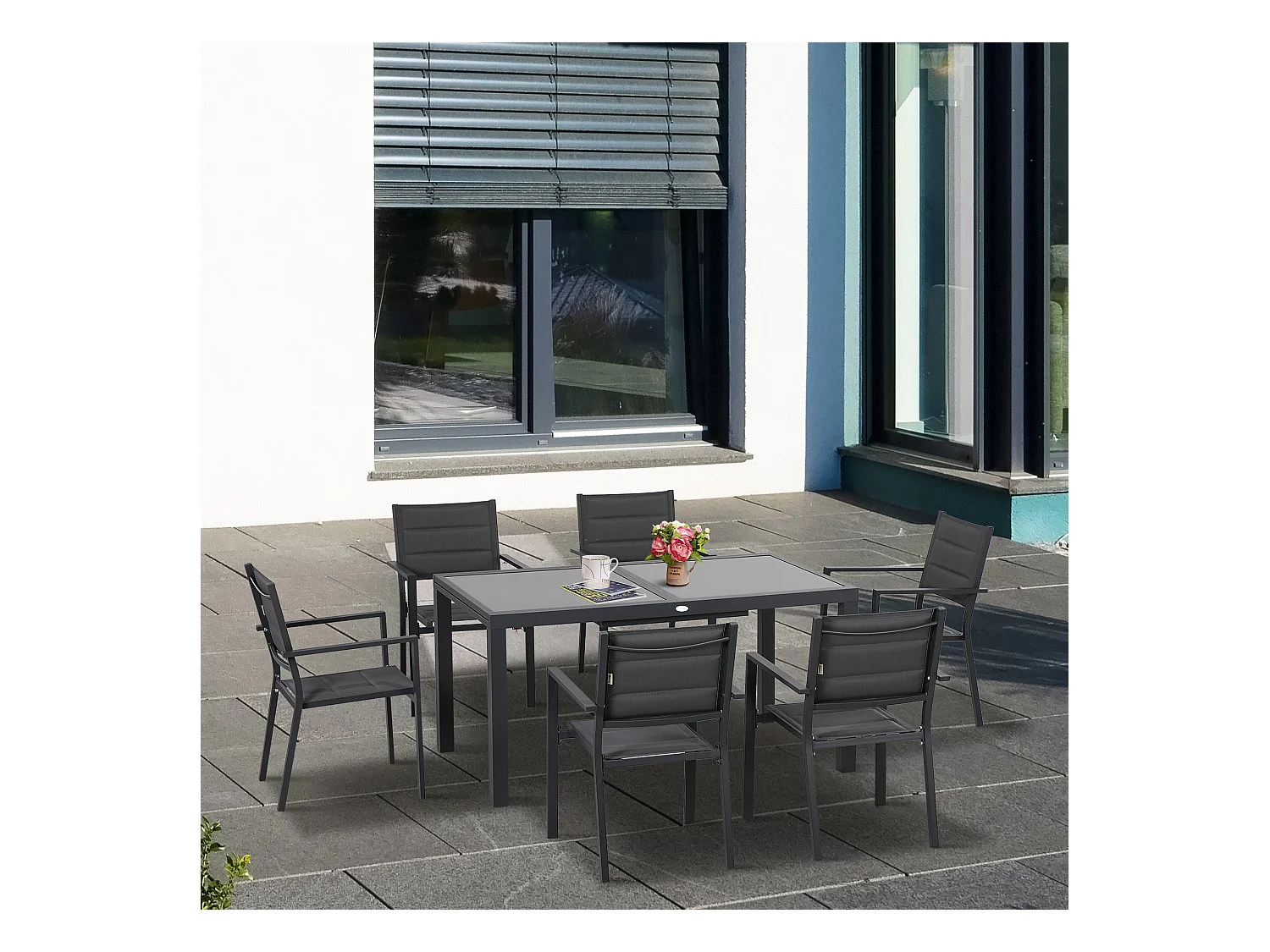 Ensemble de jardin 6 personnes chaises empilables table extensible 150/210L cm alu. teslin gris