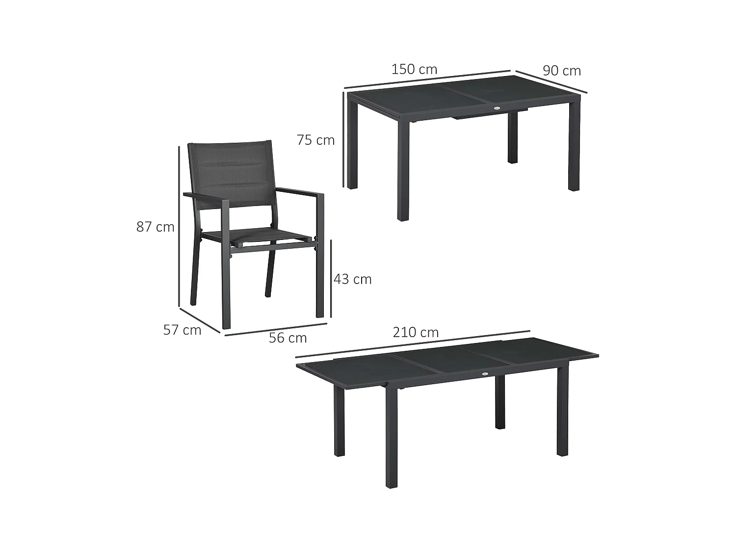 Ensemble de jardin 6 personnes chaises empilables table extensible 150/210L cm alu. teslin gris