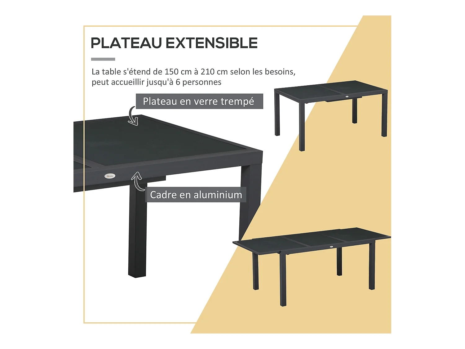 Ensemble de jardin 6 personnes chaises empilables table extensible 150/210L cm alu. teslin gris