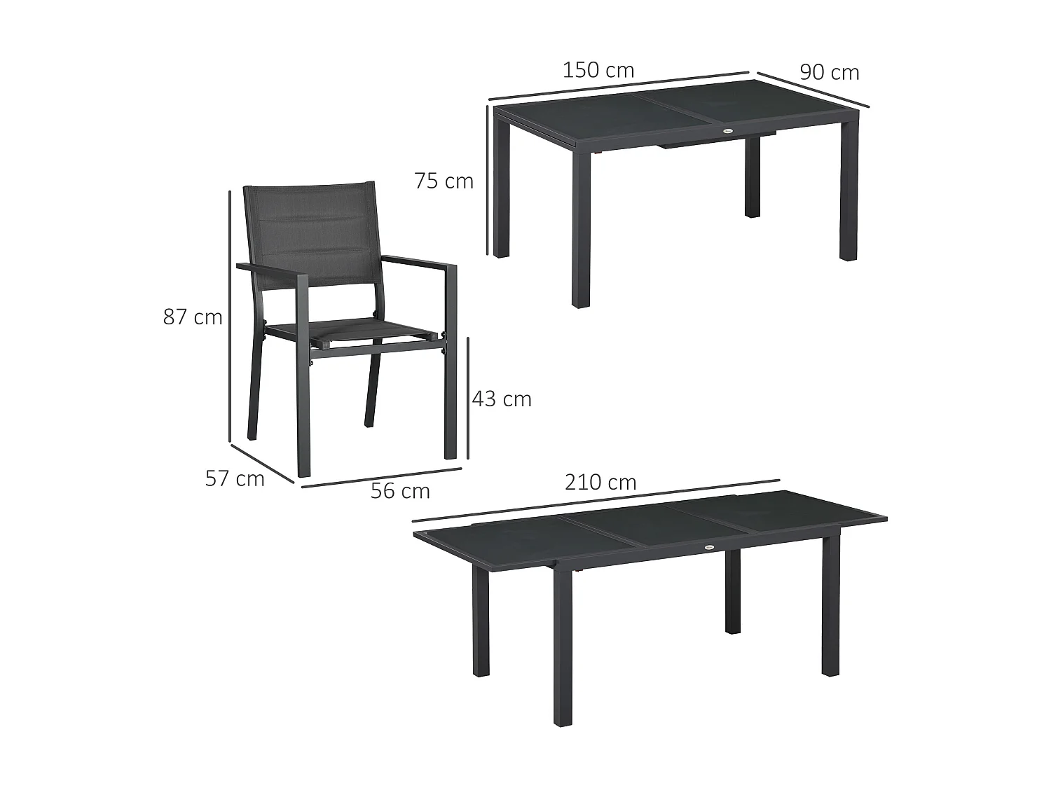 Ensemble de jardin 6 personnes chaises empilables table extensible 150/210L cm alu. teslin gris