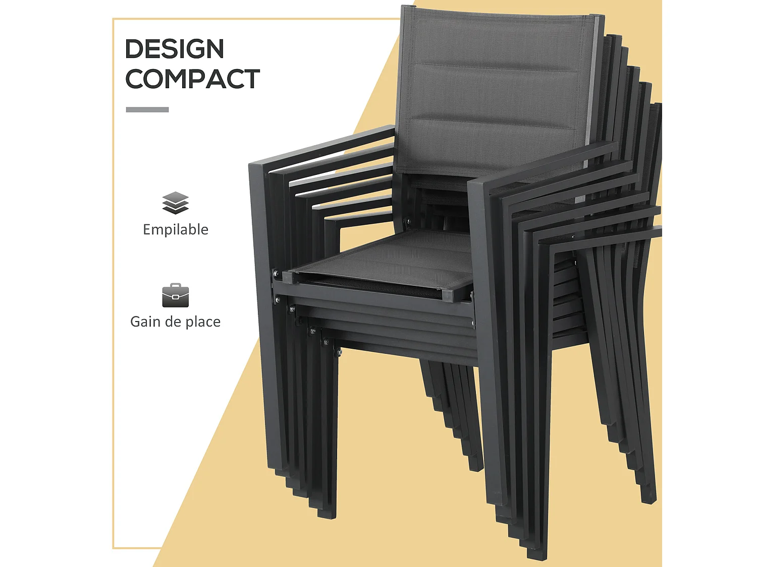 Ensemble de jardin 6 personnes chaises empilables table extensible 150/210L cm alu. teslin gris