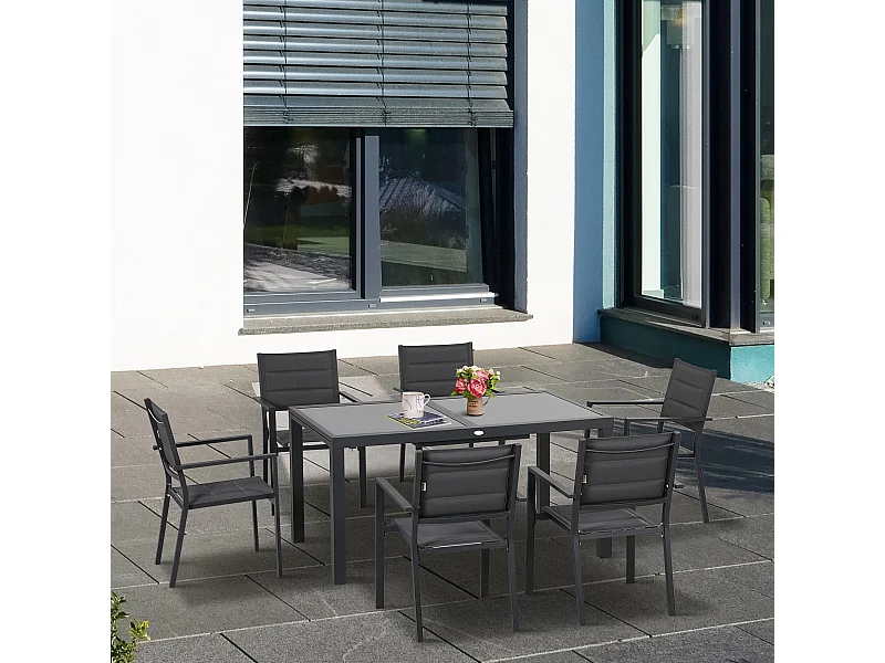 Ensemble de jardin 6 personnes chaises empilables table extensible 150/210L cm alu. teslin gris