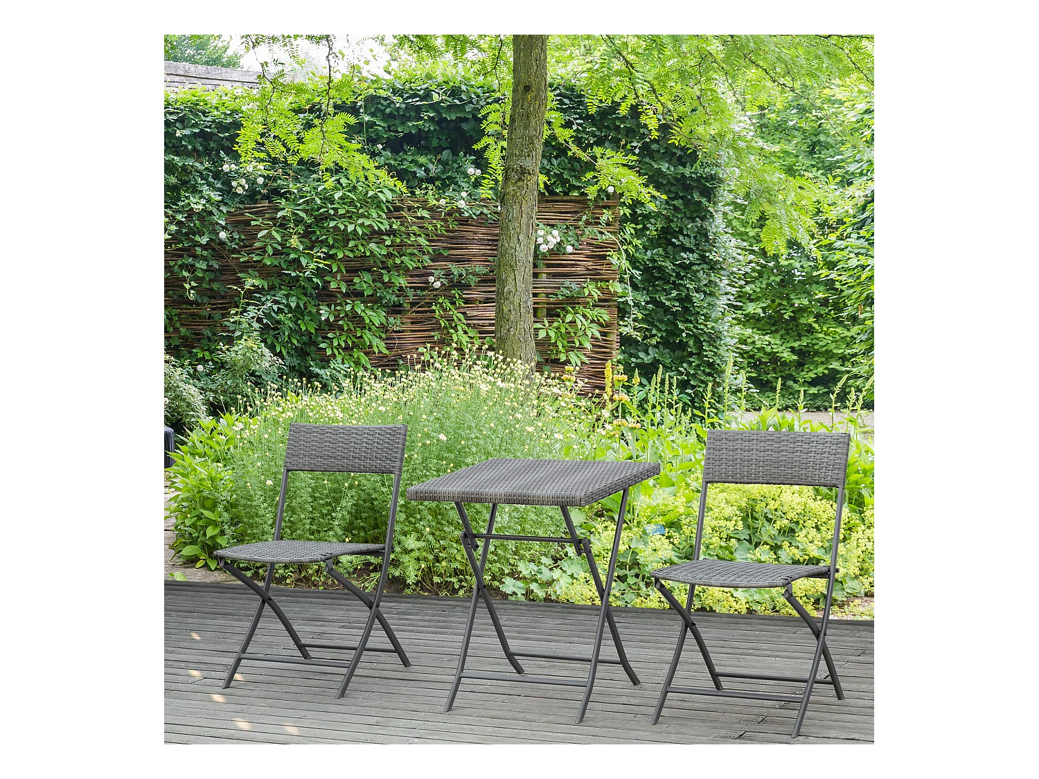 Ensemble meubles de jardin design table carré et chaises pliables résine tressée imitation rotin gris
