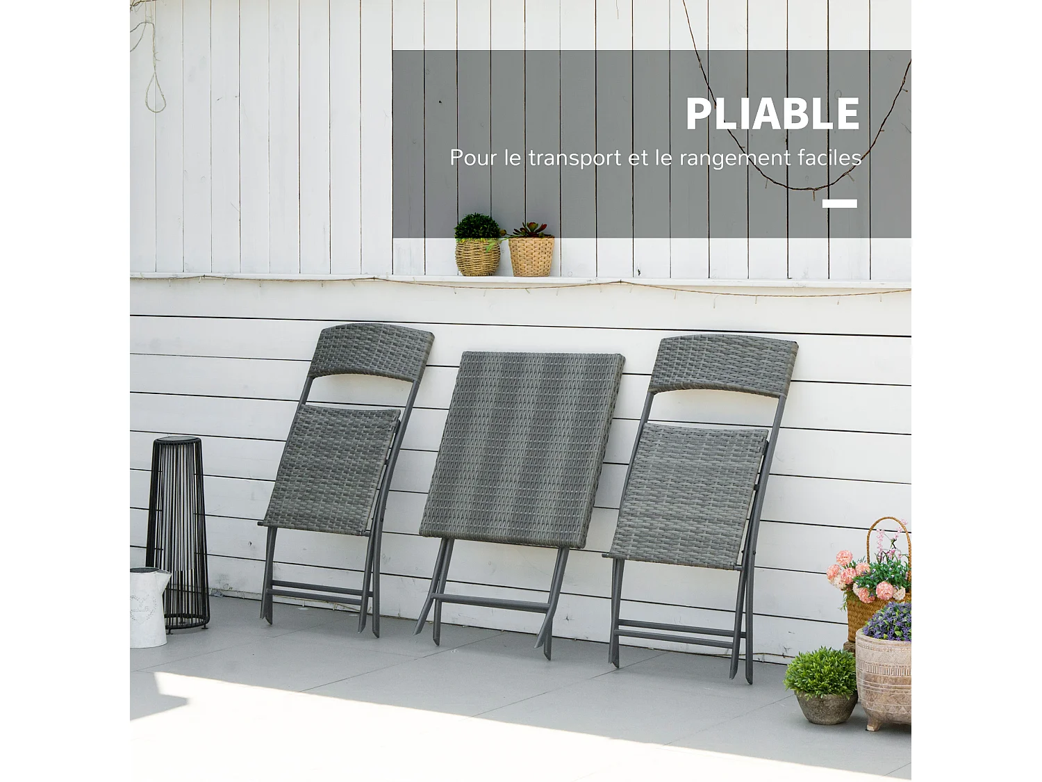 Ensemble meubles de jardin design table carré et chaises pliables résine tressée imitation rotin gris