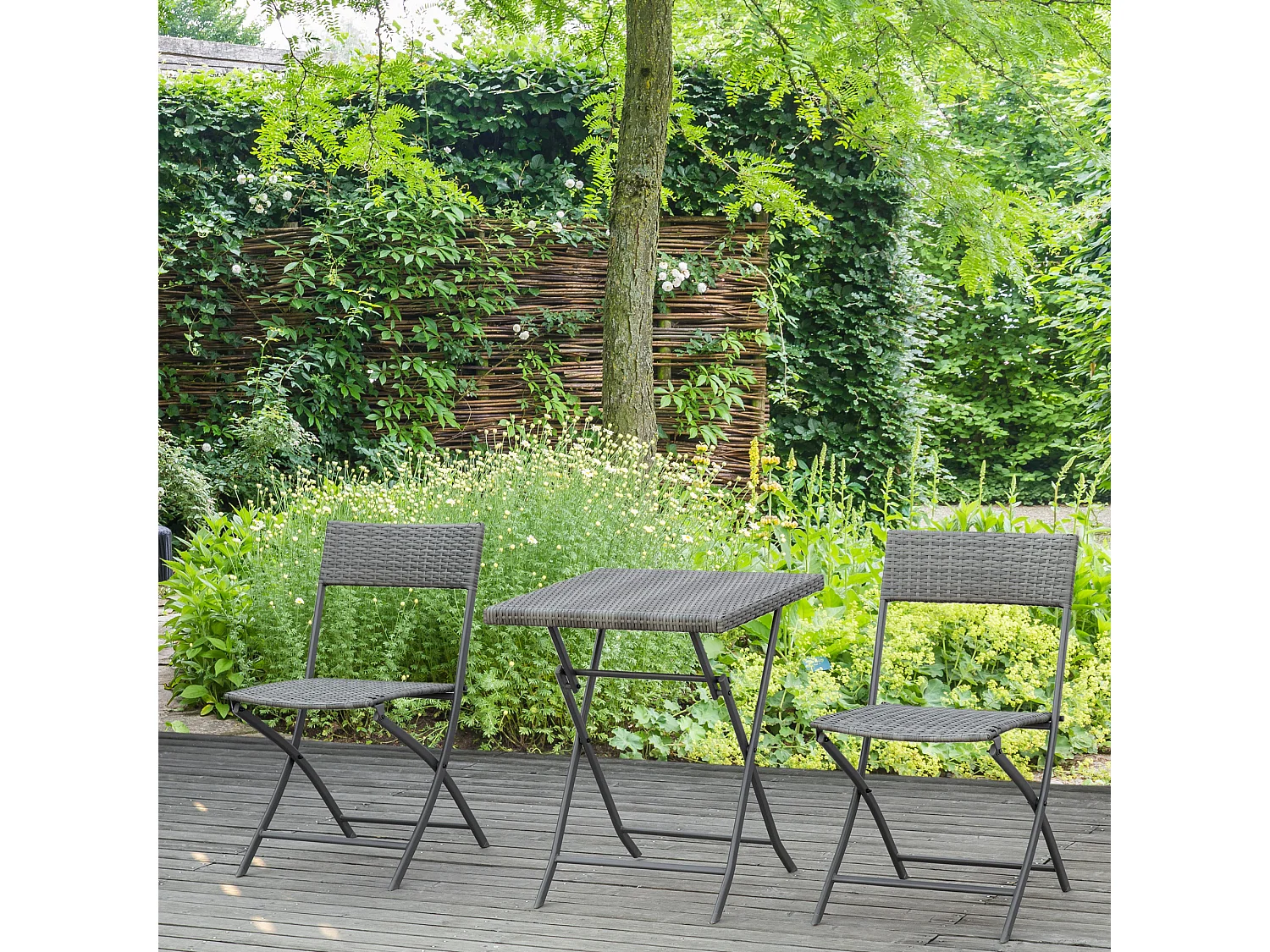 Ensemble meubles de jardin design table carré et chaises pliables résine tressée imitation rotin gris