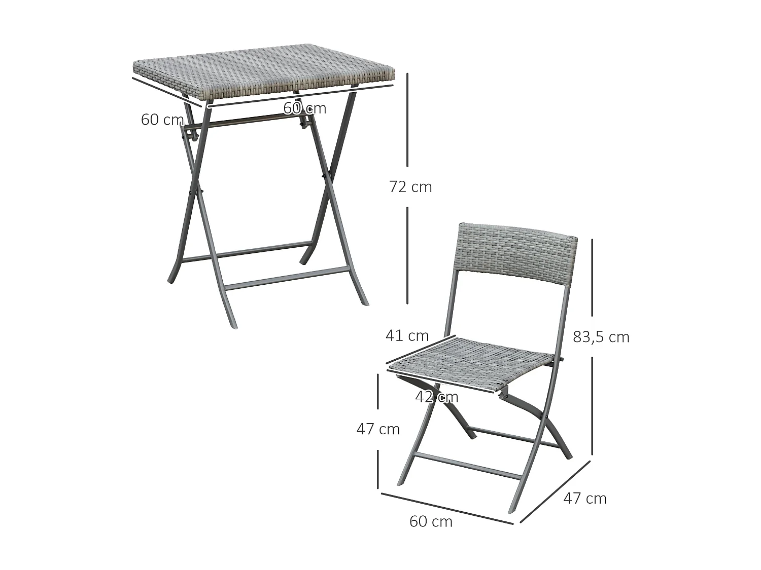 Ensemble meubles de jardin design table carré et chaises pliables résine tressée imitation rotin gris