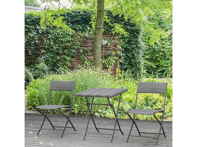 Ensemble meubles de jardin design table carré et chaises pliables résine tressée imitation rotin gris
