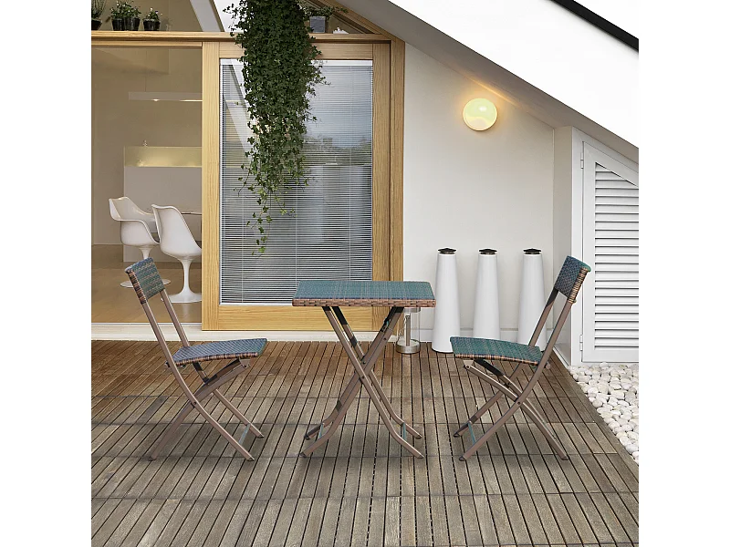 Ensemble meubles de jardin design table carré et chaises pliables résine tressée imitation rotin marron