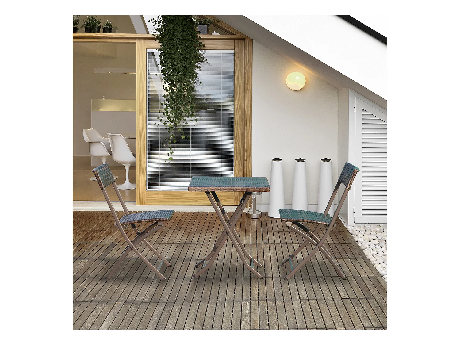 Ensemble meubles de jardin design table carré et chaises pliables résine tressée imitation rotin marron