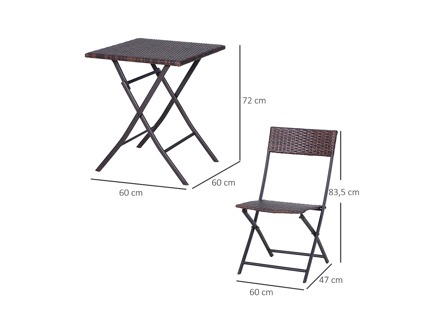 Ensemble meubles de jardin design table carré et chaises pliables résine tressée imitation rotin marron