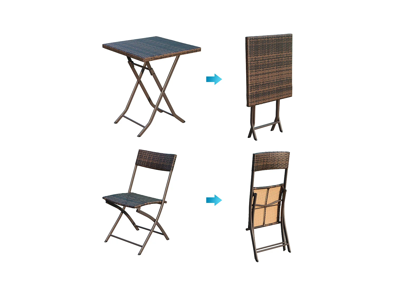 Ensemble meubles de jardin design table carré et chaises pliables résine tressée imitation rotin marron