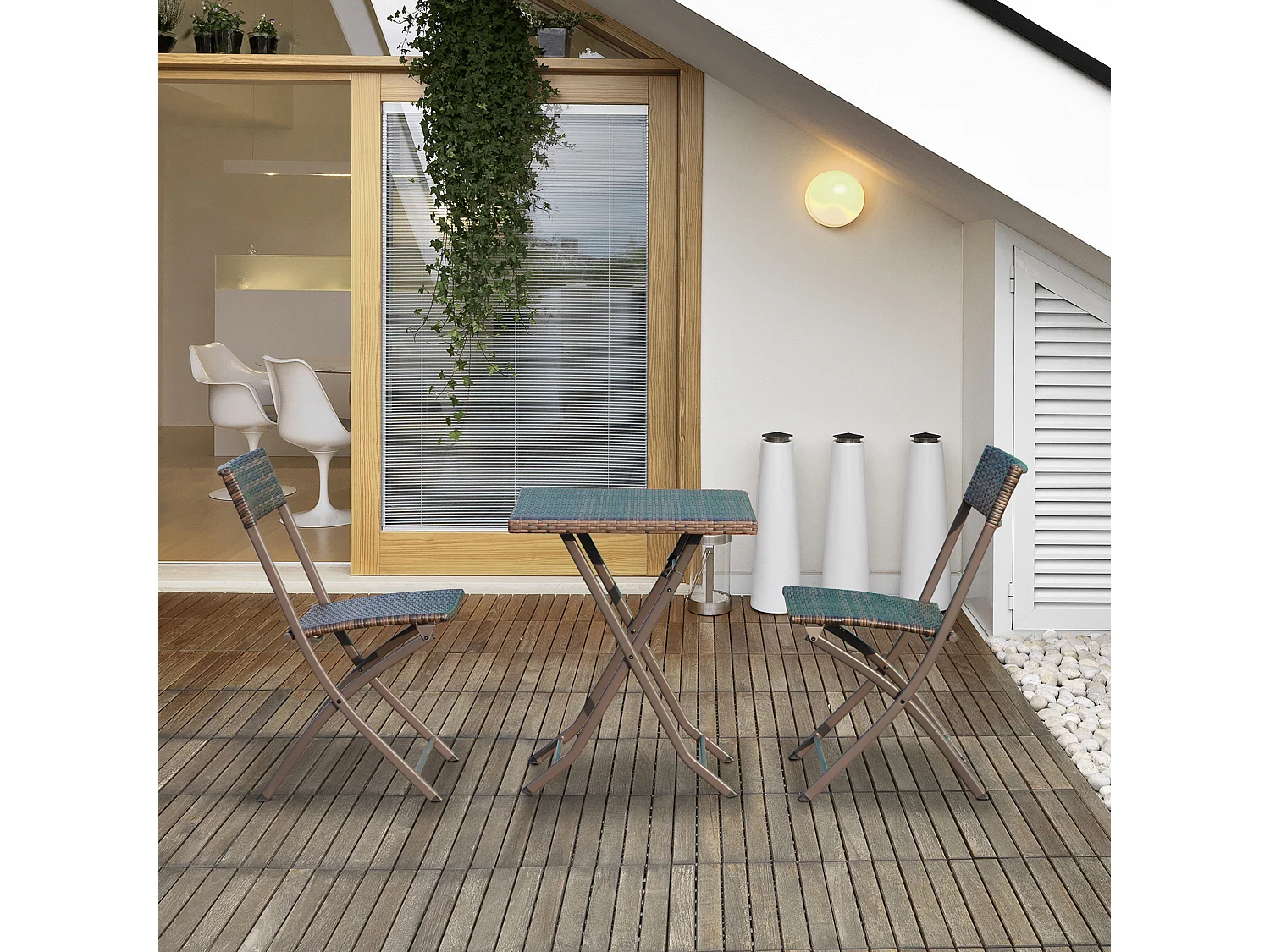 Ensemble meubles de jardin design table carré et chaises pliables résine tressée imitation rotin marron