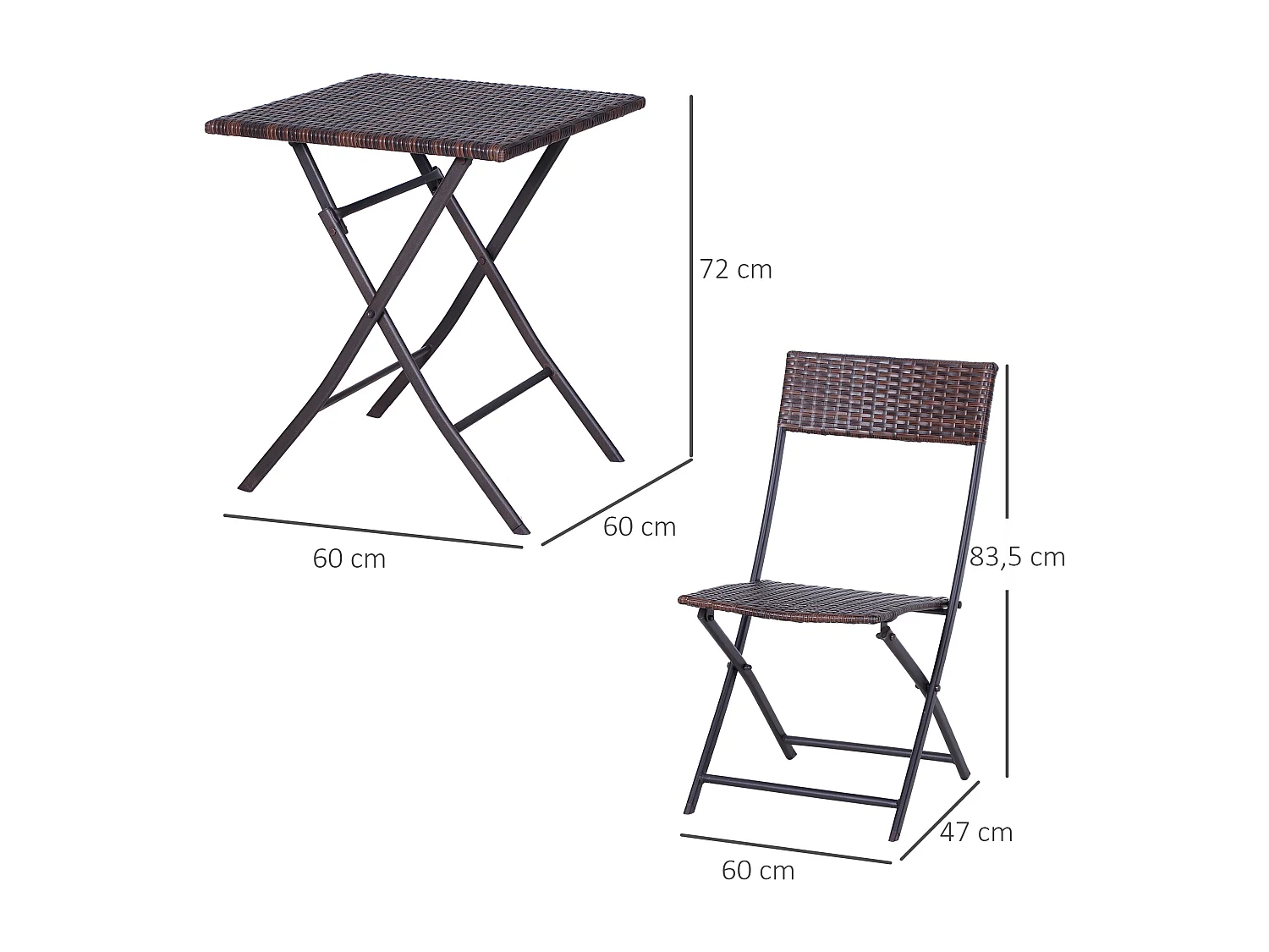 Ensemble meubles de jardin design table carré et chaises pliables résine tressée imitation rotin marron