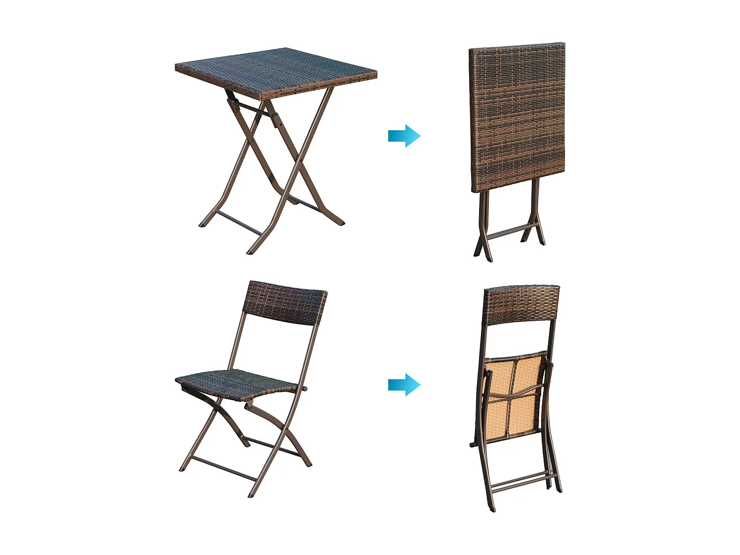 Ensemble meubles de jardin design table carré et chaises pliables résine tressée imitation rotin marron