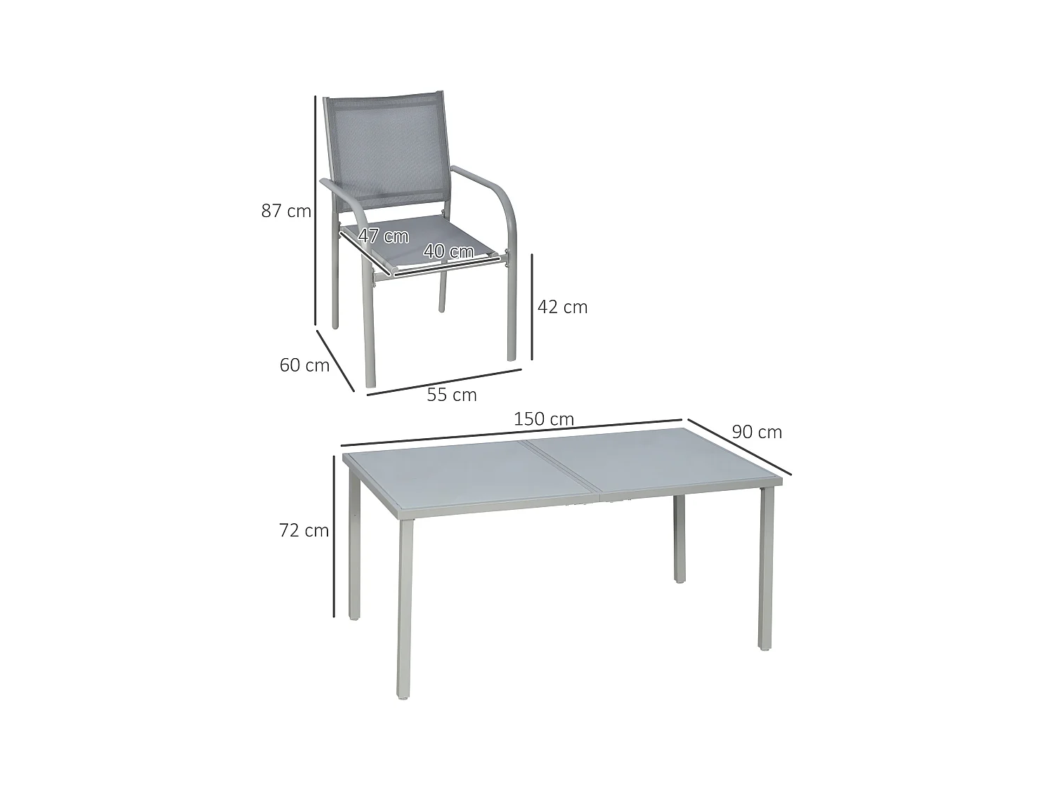 Ensemble de jardin 6 personnes chaises empilables table à manger dim. 150L x 90l x 72H cm plateau verre acier époxy textilène gris