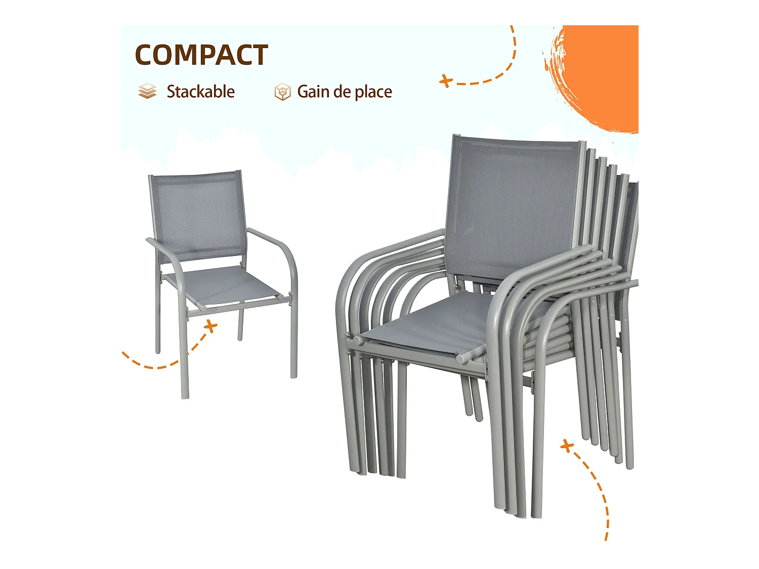 Ensemble de jardin 6 personnes chaises empilables table à manger dim. 150L x 90l x 72H cm plateau verre acier époxy textilène gris