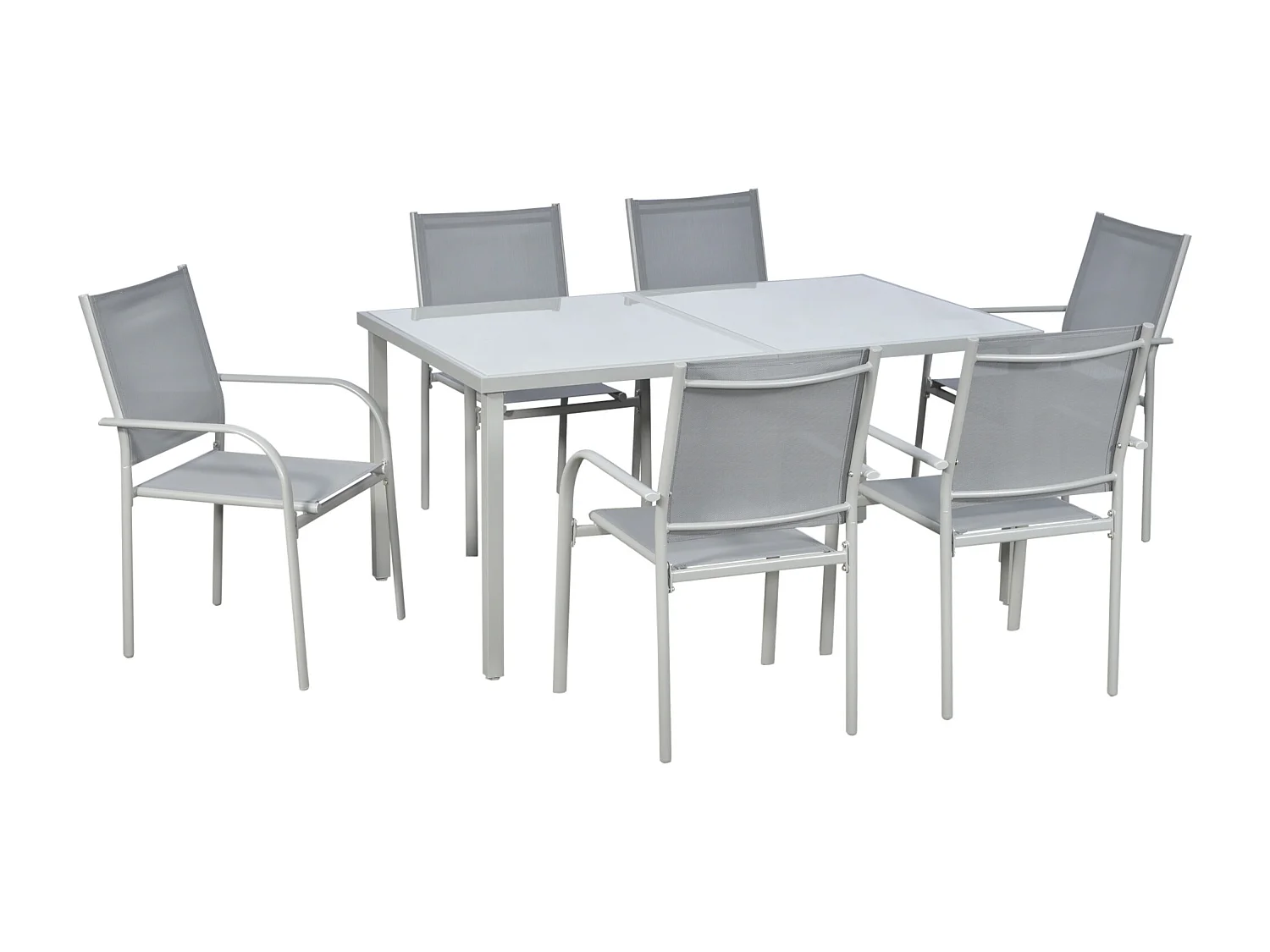 Ensemble de jardin 6 personnes chaises empilables table à manger dim. 150L x 90l x 72H cm plateau verre acier époxy textilène gris