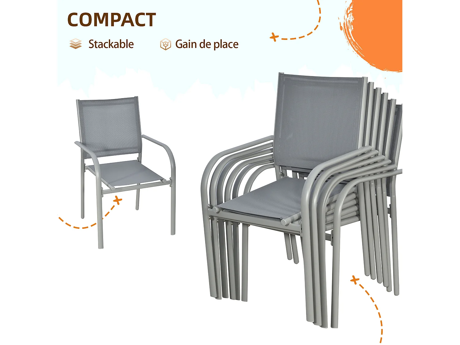 Ensemble de jardin 6 personnes chaises empilables table à manger dim. 150L x 90l x 72H cm plateau verre acier époxy textilène gris