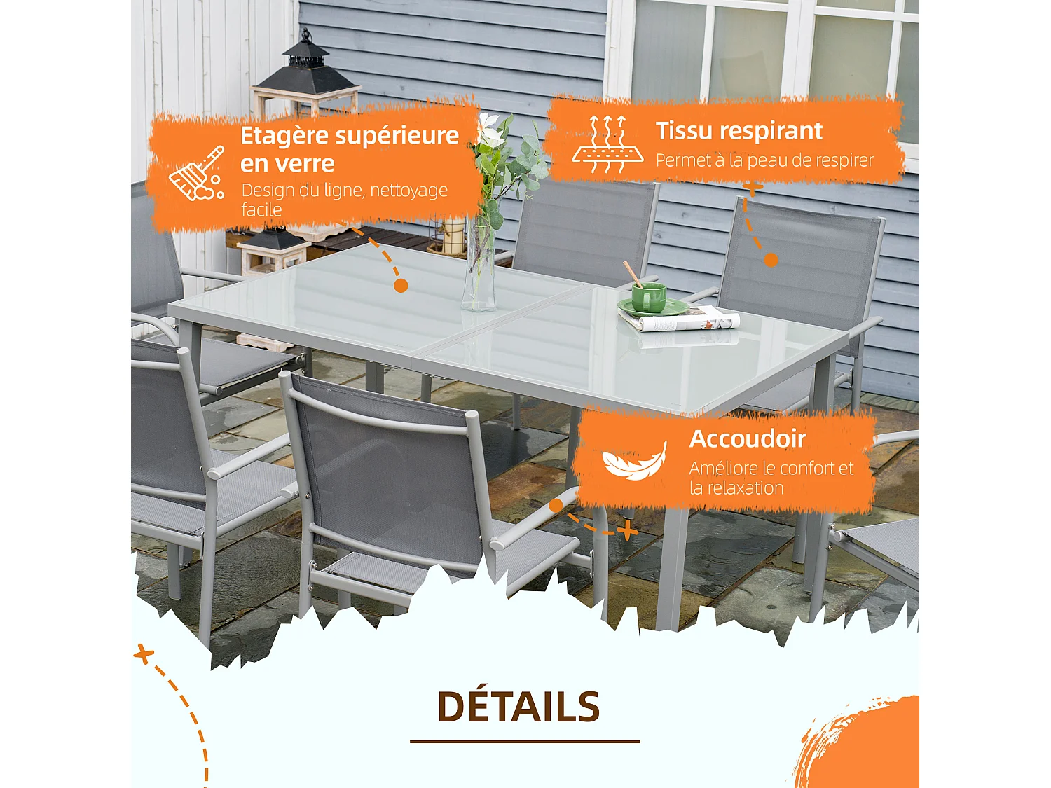 Ensemble de jardin 6 personnes chaises empilables table à manger dim. 150L x 90l x 72H cm plateau verre acier époxy textilène gris