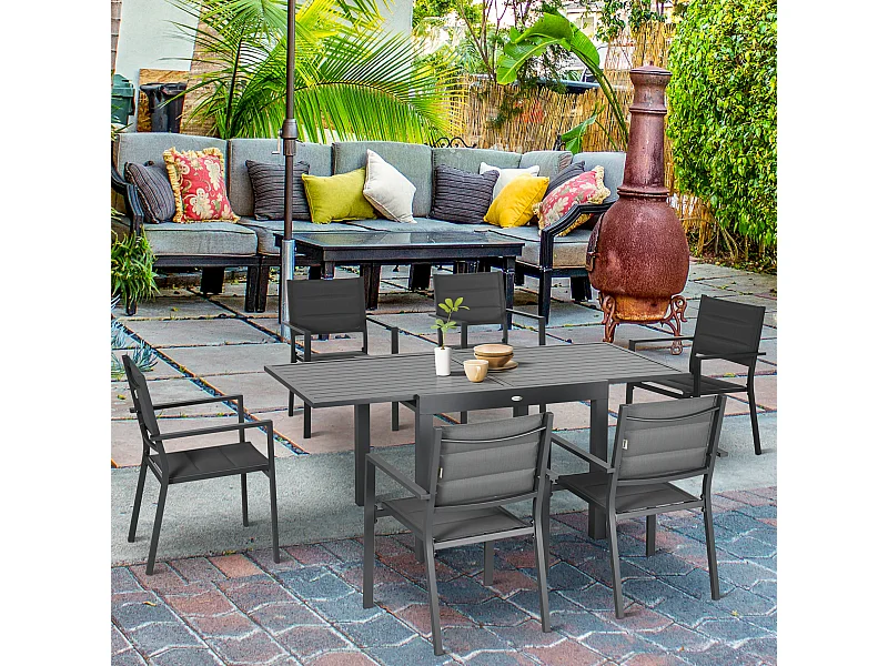 Ensemble de jardin 6 personnes chaises empilables table extensible 90/180L cm alu. textilène gris
