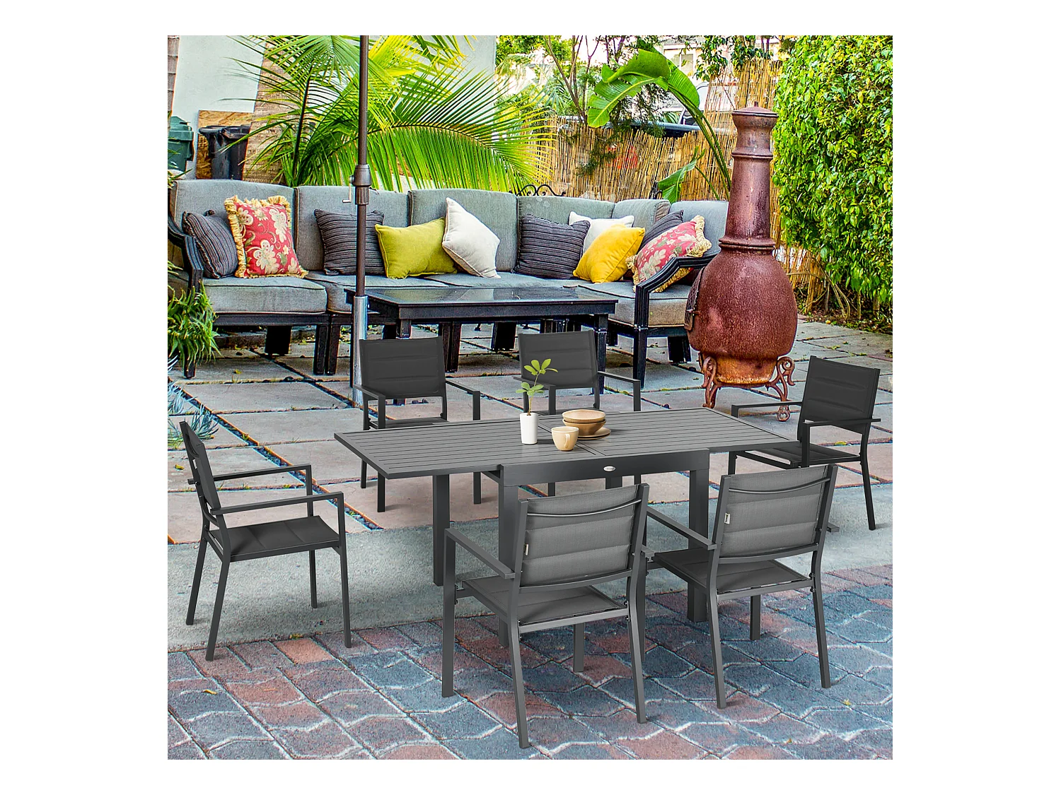 Ensemble de jardin 6 personnes chaises empilables table extensible 90/180L cm alu. textilène gris