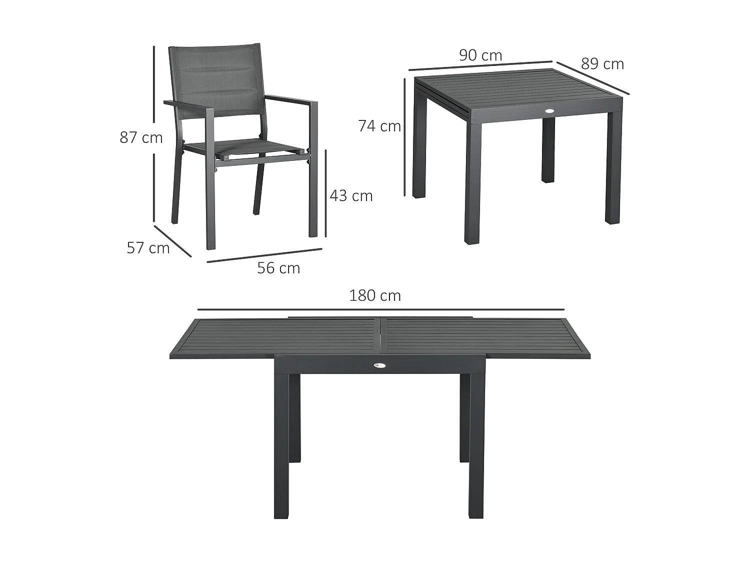 Ensemble de jardin 6 personnes chaises empilables table extensible 90/180L cm alu. textilène gris