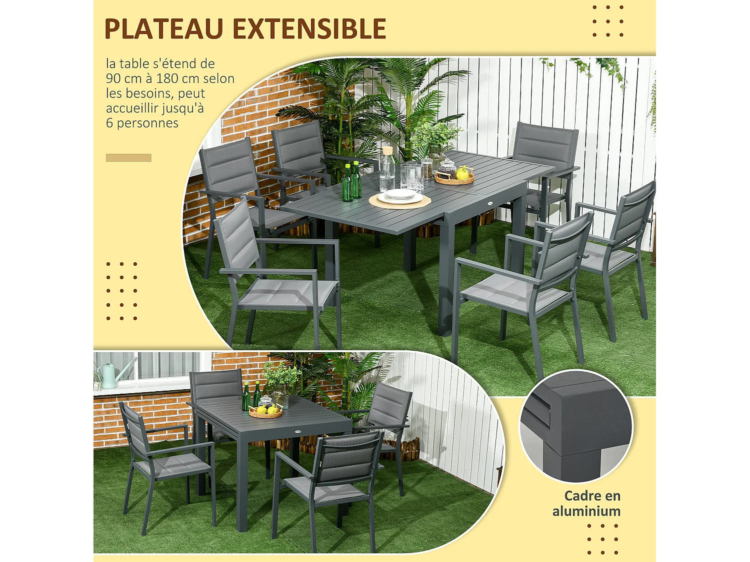 Ensemble de jardin 6 personnes chaises empilables table extensible 90/180L cm alu. textilène gris