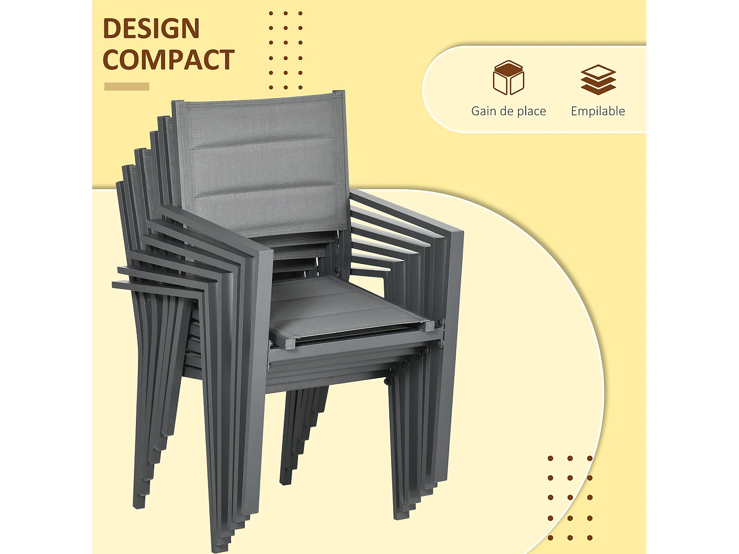 Ensemble de jardin 6 personnes chaises empilables table extensible 90/180L cm alu. textilène gris